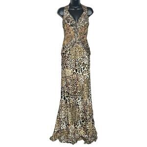 VTG Y2K TERANI ANIMAL PRINT FORMAL DRESS HALTER MERMAID BEADED LEOPARD CHEETAH M